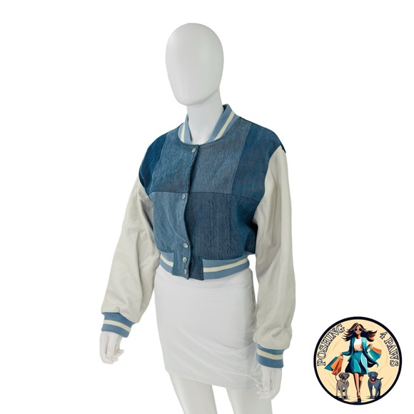 EB Denim Cropped Varsity Denim Patchwork Leather Jacket in Blue & White Size L - Picture 14 of 14